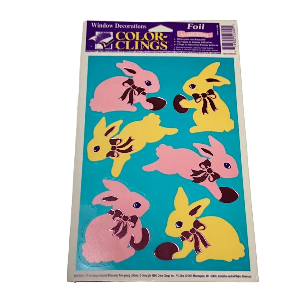 NEW Vintage 90's Color-Clings Foil Easter Bunny Window Decorations Pink Yellow